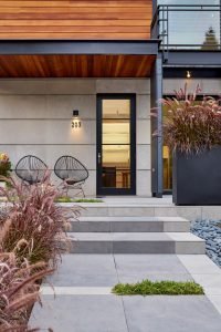 Red Brick Residence Exterior Landscape Front Steps Dusk
