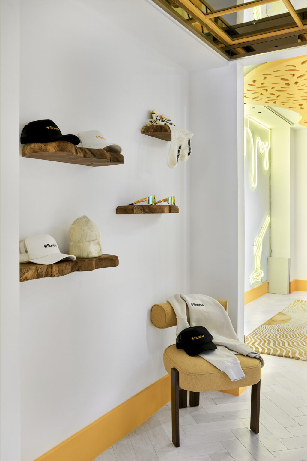 Bumble's Aspen store photographed by Dallas + Harris, is a charming pop-up commercial space in downtown Aspen, Colorado