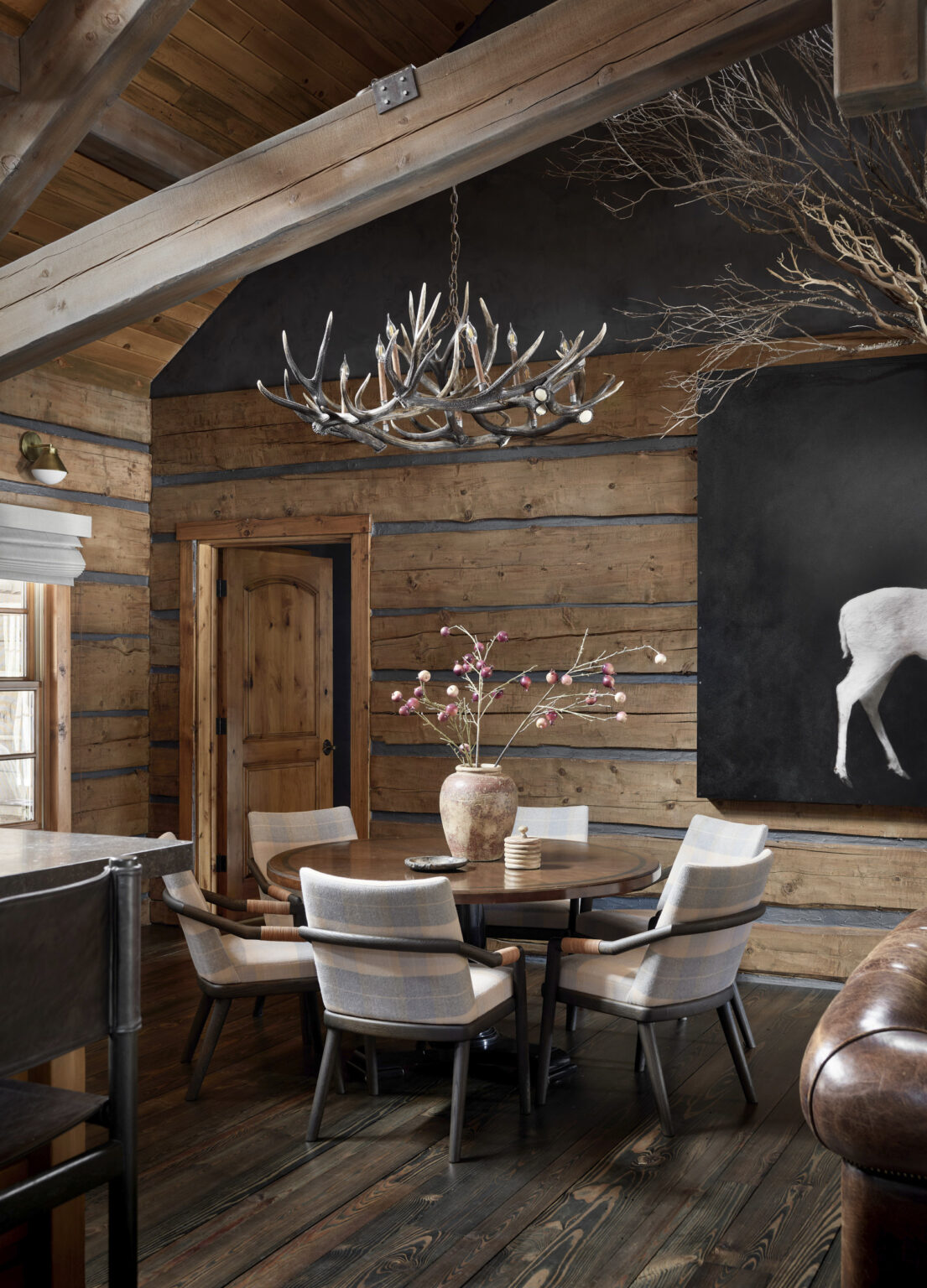The interiors on the charming cabin are sophisticated and moody. Aspen architectural photographer Dallas + Harris photographed this project for Kathy Kroger Interiors.