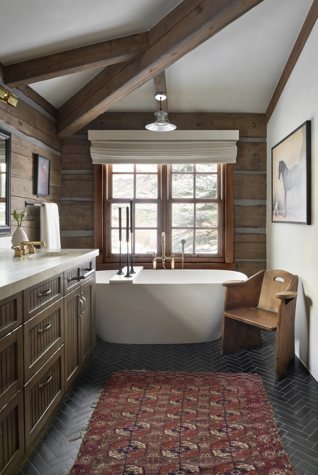 The interiors on the charming cabin are sophisticated and moody. Aspen architectural photographer Dallas + Harris photographed this project for Kathy Kroger Interiors.
