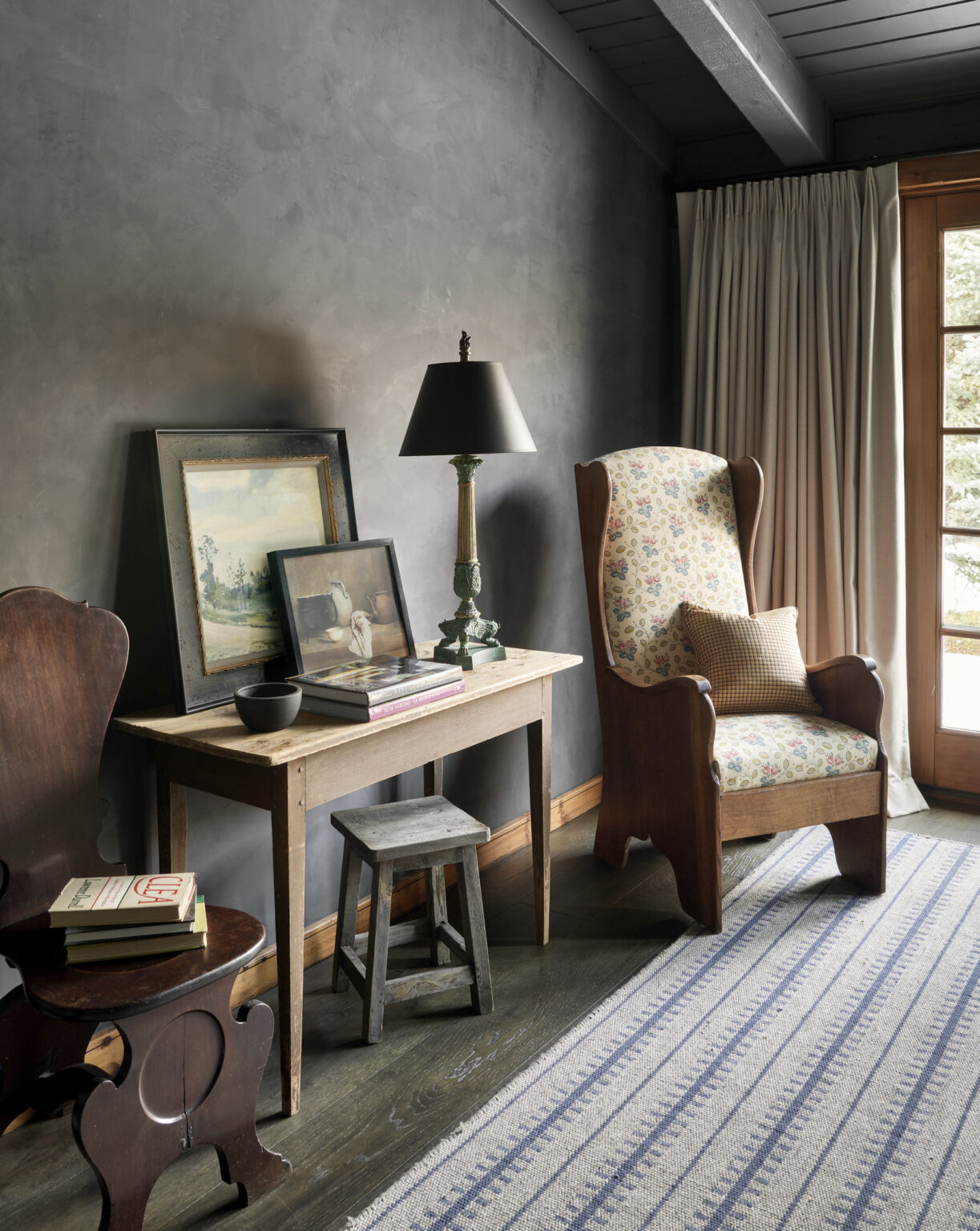 The interiors on the charming cabin are sophisticated and moody. Aspen architectural photographer Dallas + Harris photographed this project for Kathy Kroger Interiors.